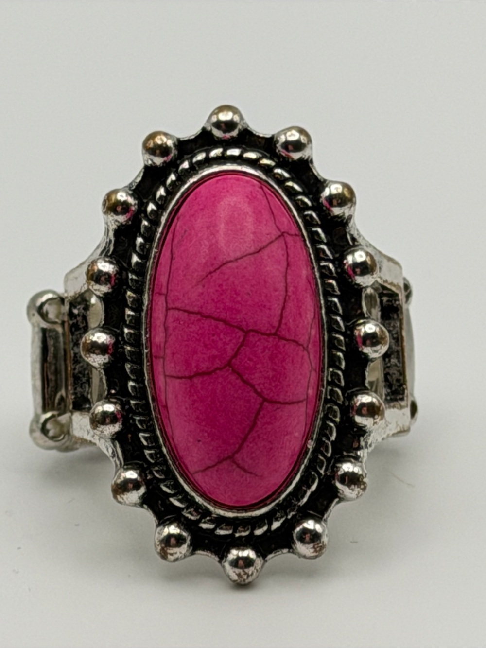 paparazzi Country Crew Oval Crackle Stone Silver-Tone Stretch Ring Boho Western